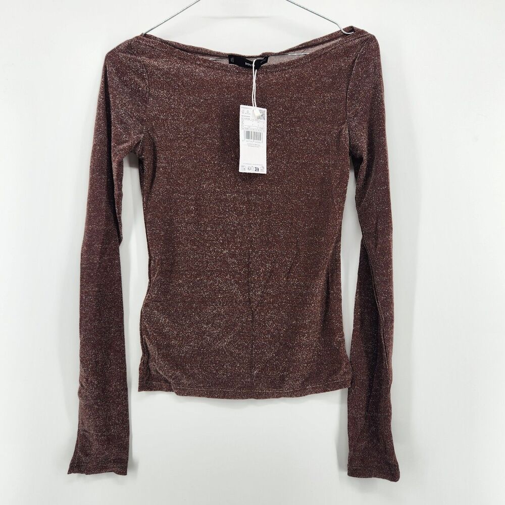 MNG By Mango Women's Small Brown Sparkly Boat Neck Top NWT